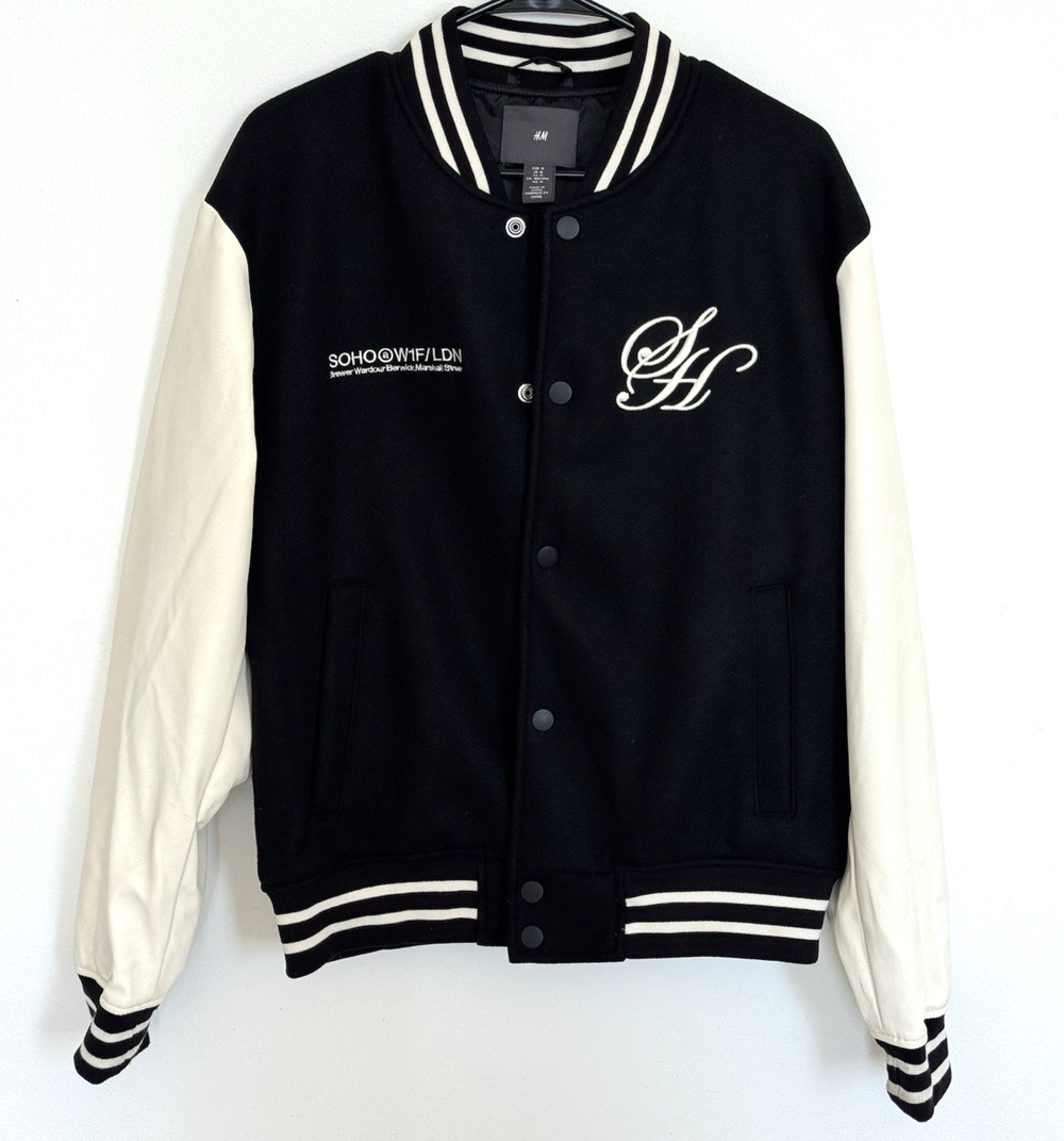 H&M Varsity Jacket Men's Medium Black White Letterman Bomber Snap Front M.